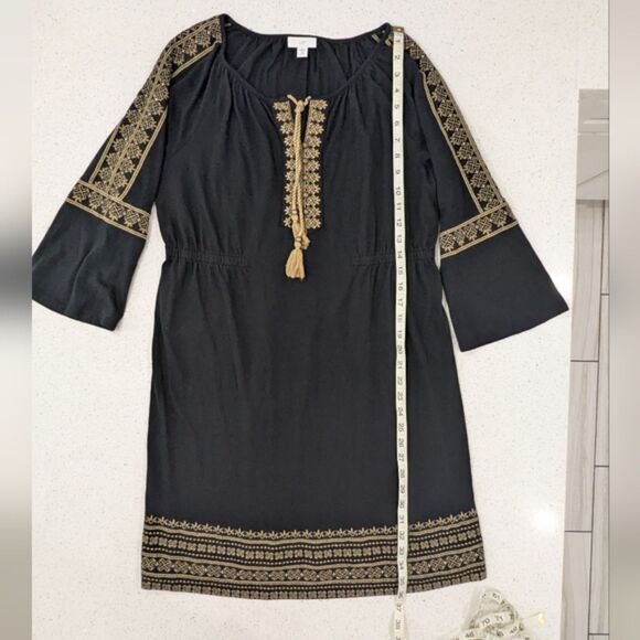 J.Jill Cotton Modal Black Shift Dress 3/4 Bell Sleeve Embroidery Boho Tassels M - Picture 5 of 10